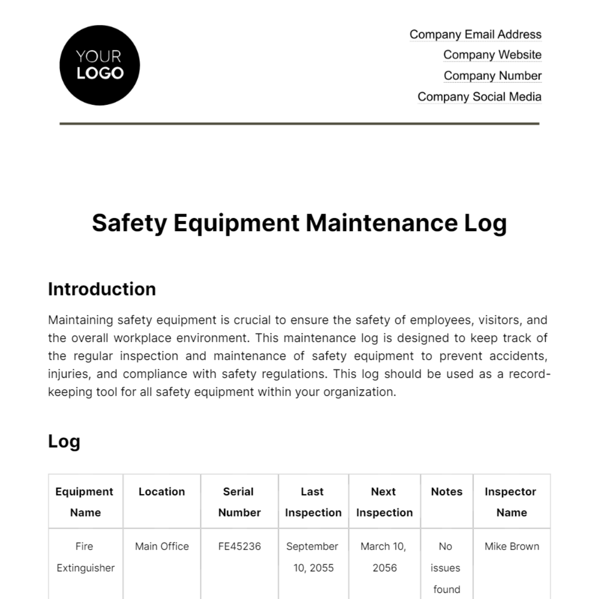 Free Safety Equipment Maintenance Log HR Template