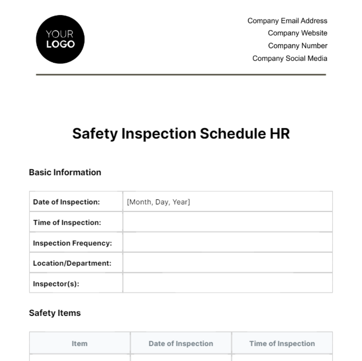 Safety Inspection Schedule HR Template - Edit Online & Download