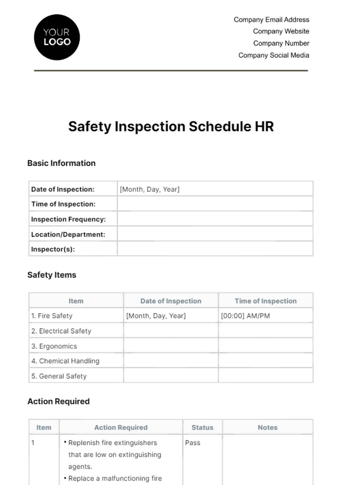 Safety Inspection Schedule HR Template