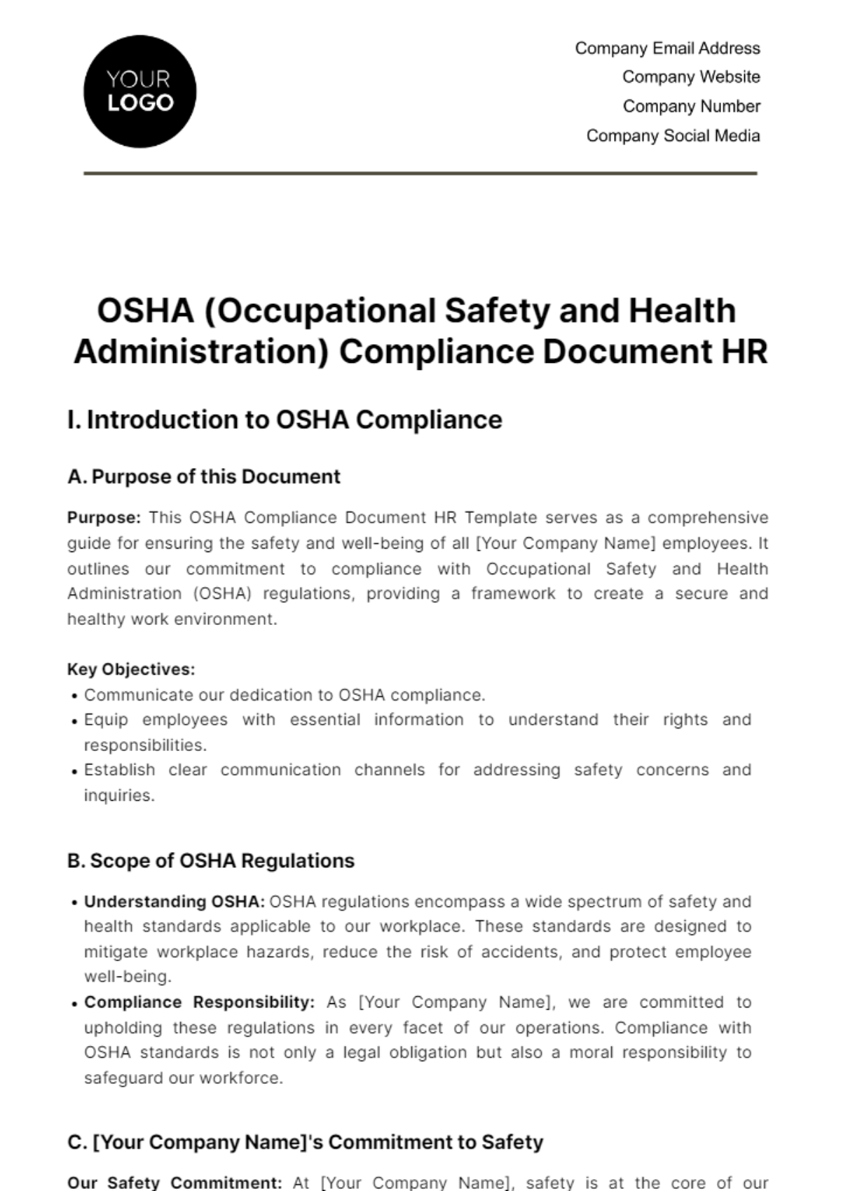 Free OSHA (Occupational Safety and Health Administration) Compliance Document HR Template