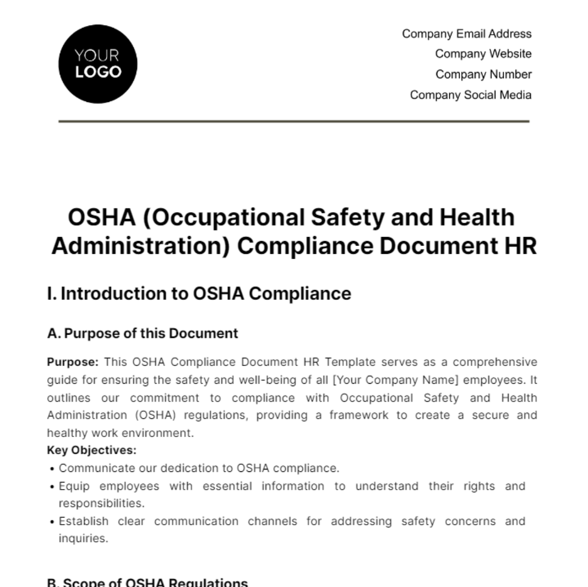 OSHA (Occupational Safety and Health Administration) Compliance Document HR Template - Edit Online & Download