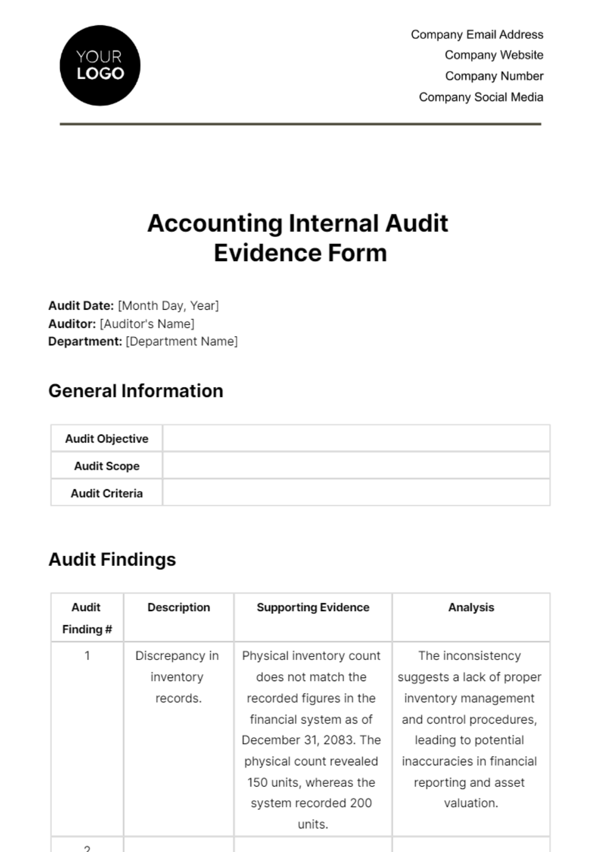 Accounting Internal Audit Evidence Form Template
