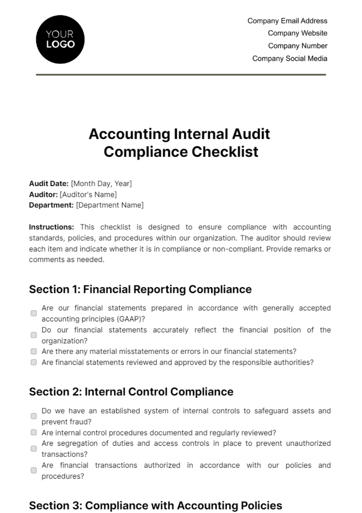 Accounting Internal Audit Compliance Checklist Template