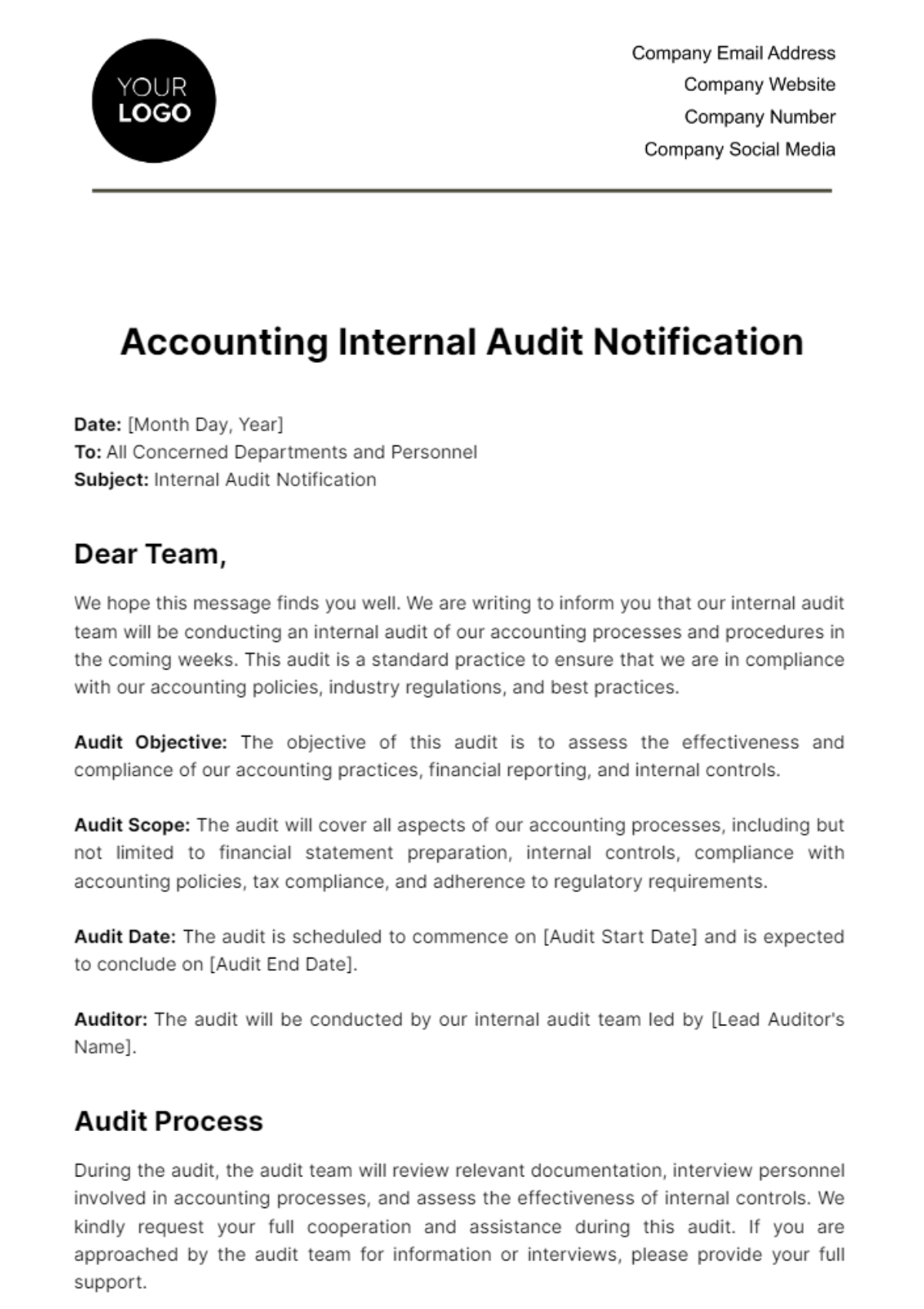 Free Accounting Internal Audit Notification Template