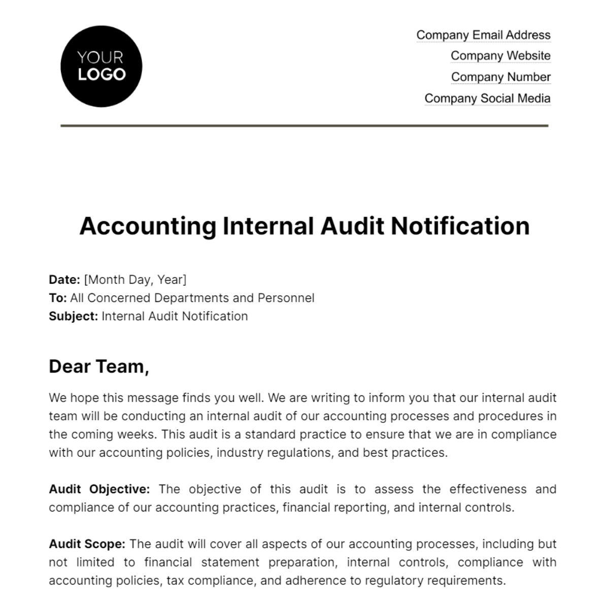 Accounting Internal Audit Notification Template
