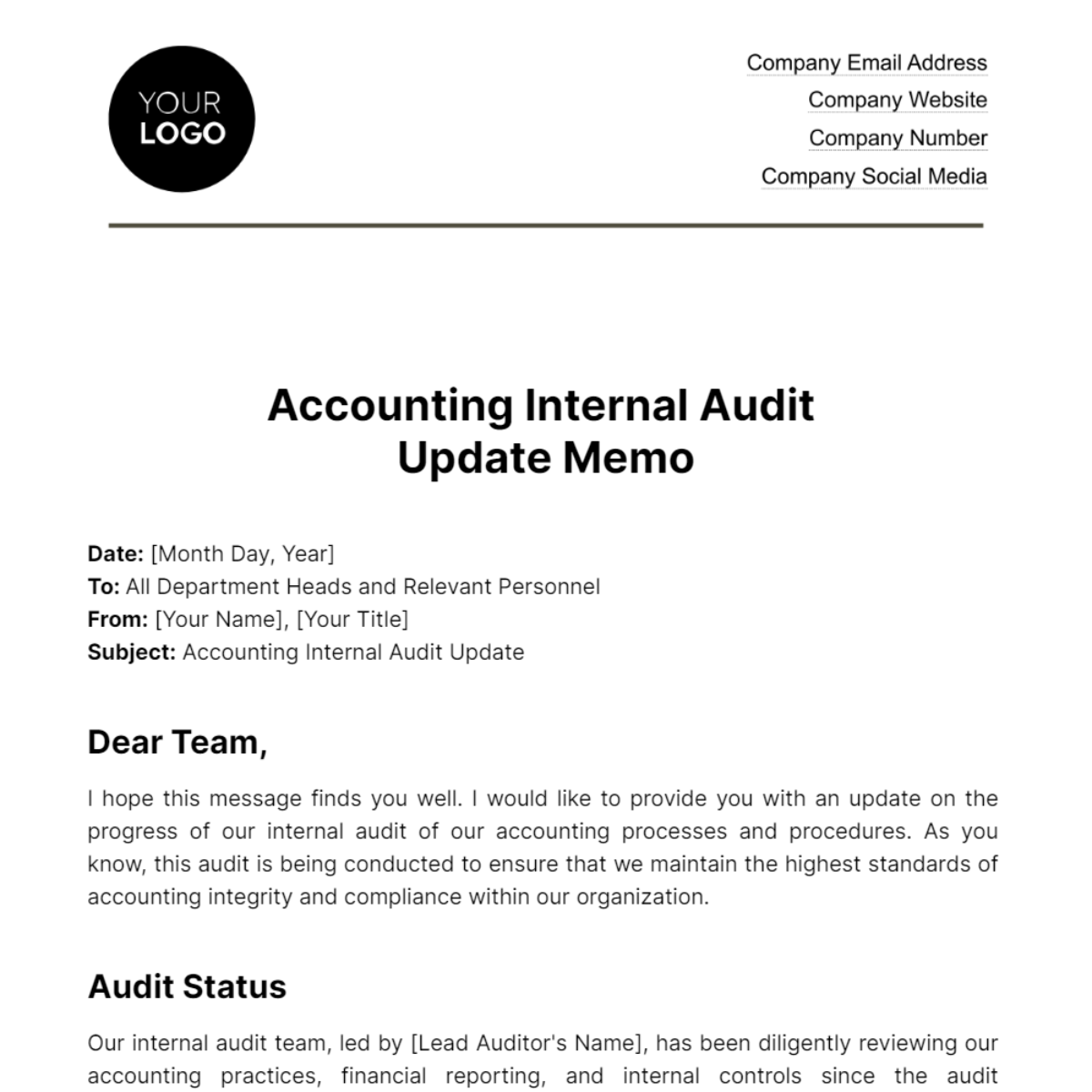 Accounting Internal Audit Update Memo Template