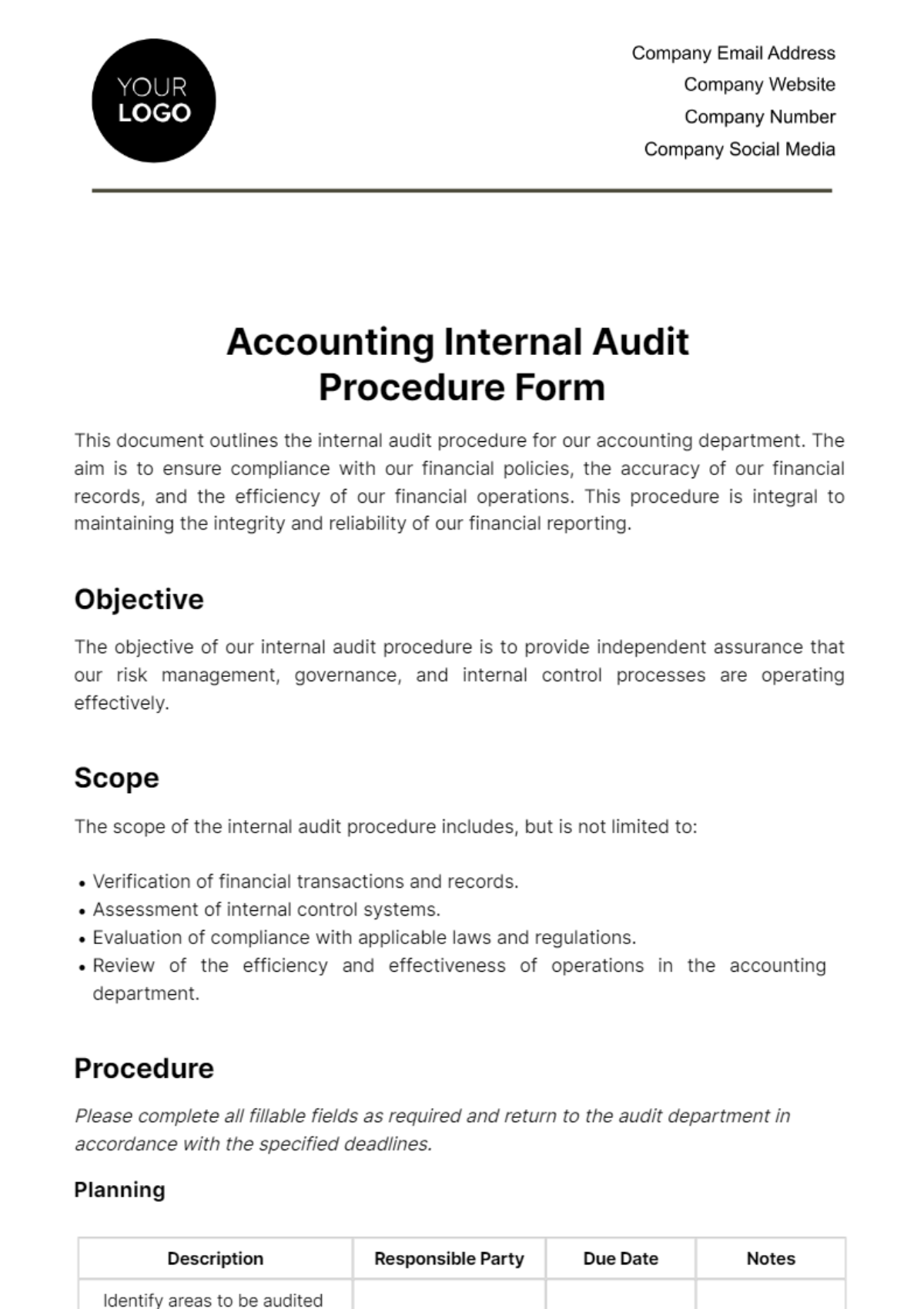 Accounting Internal Audit Procedure Form Template