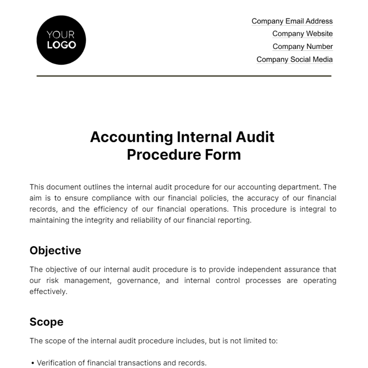 Accounting Internal Audit Procedure Form Template