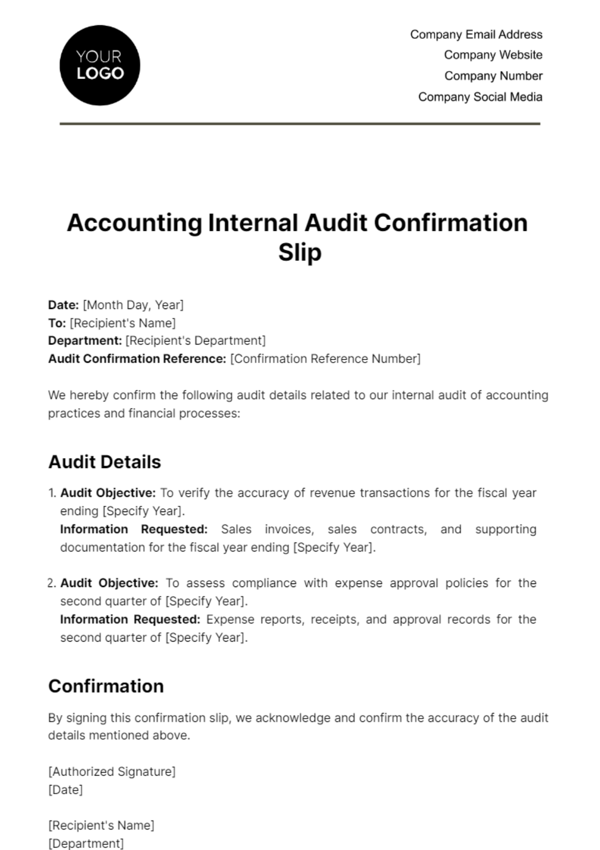 Free Accounting Internal Audit Confirmation Slip Template