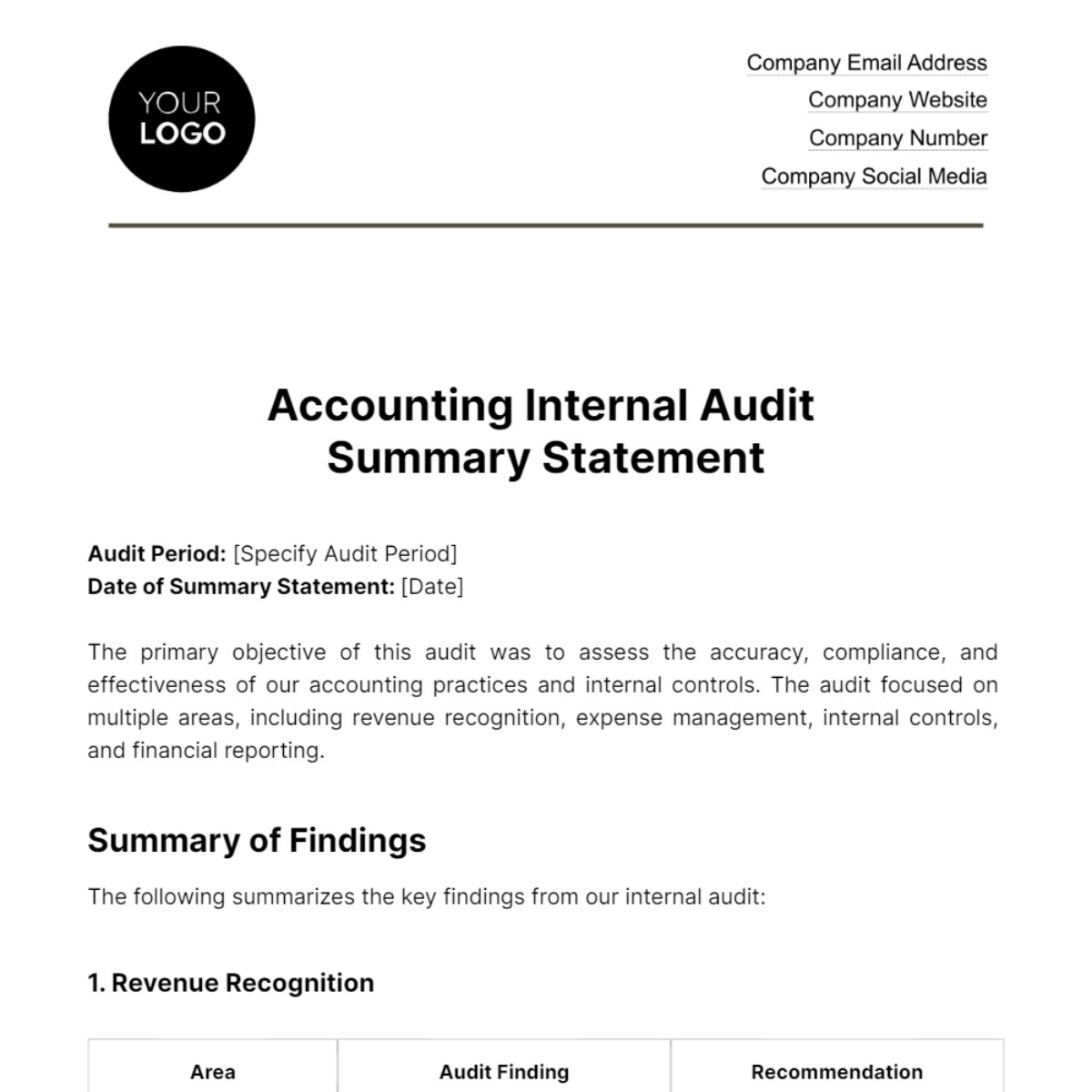 Accounting Internal Audit Summary Statement Template