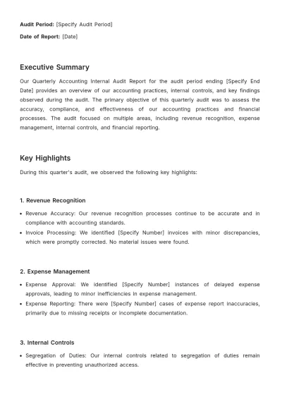 Free Quarterly Accounting Internal Audit Report Template to Edit Online
