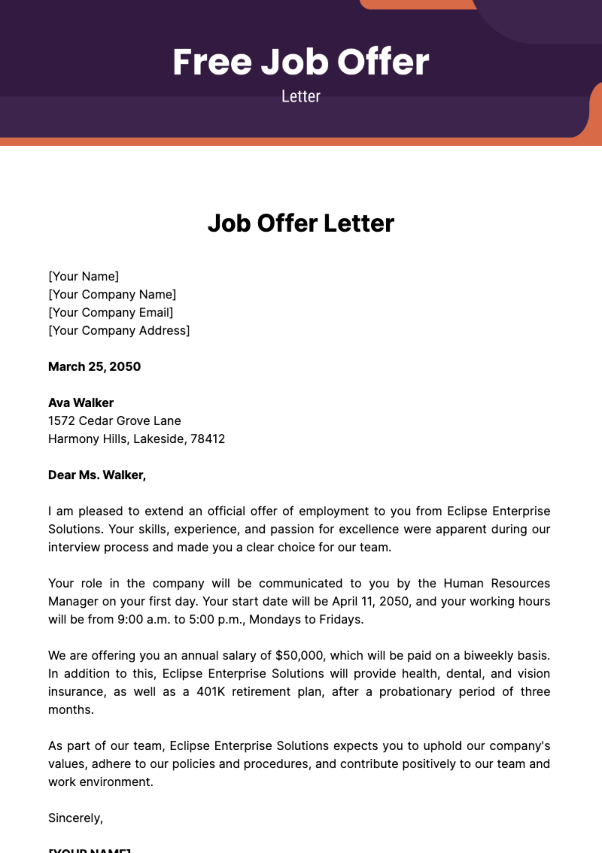 Free Job Offer Letter Template