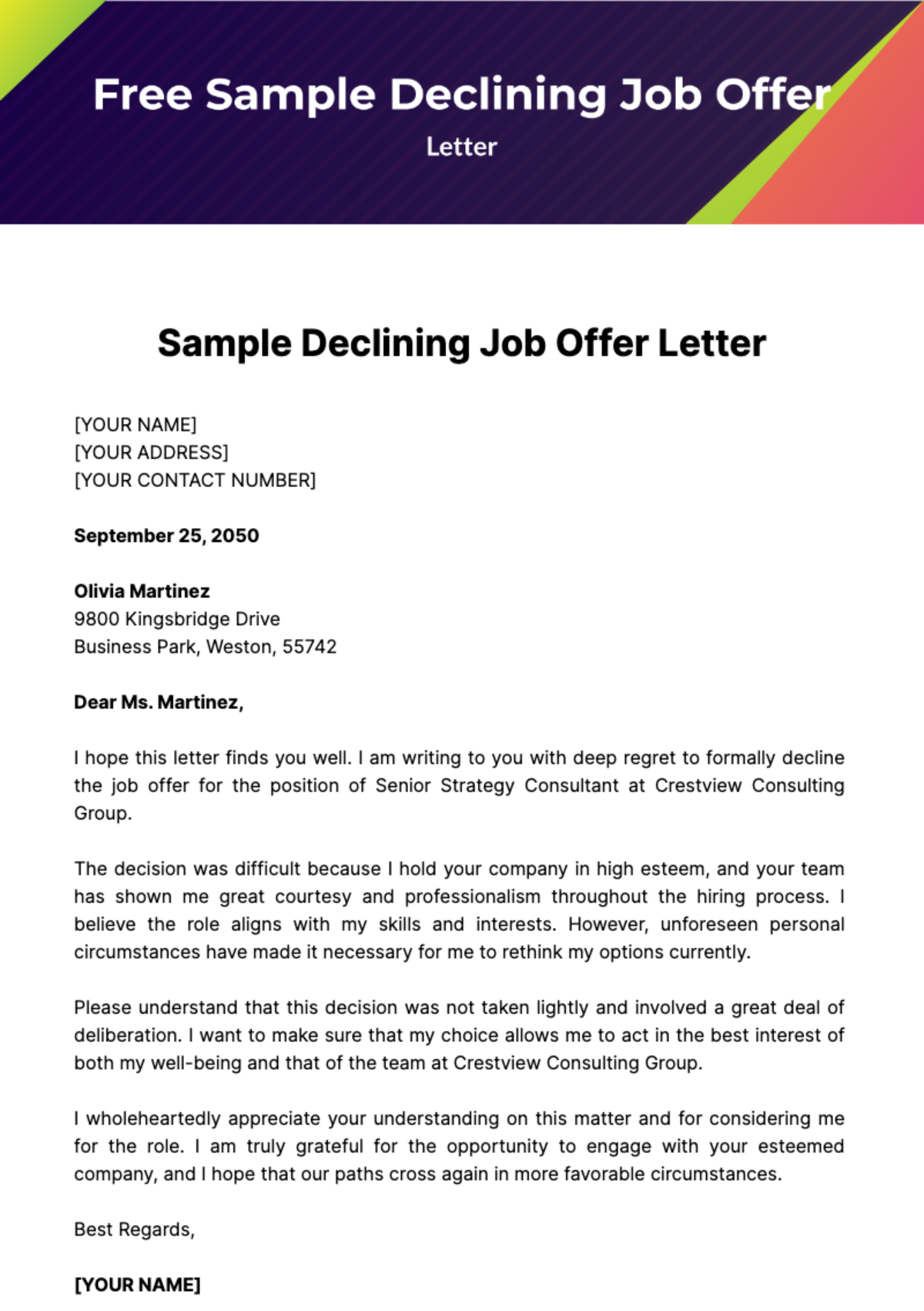 Free Sample Declining Job Offer Letter Template