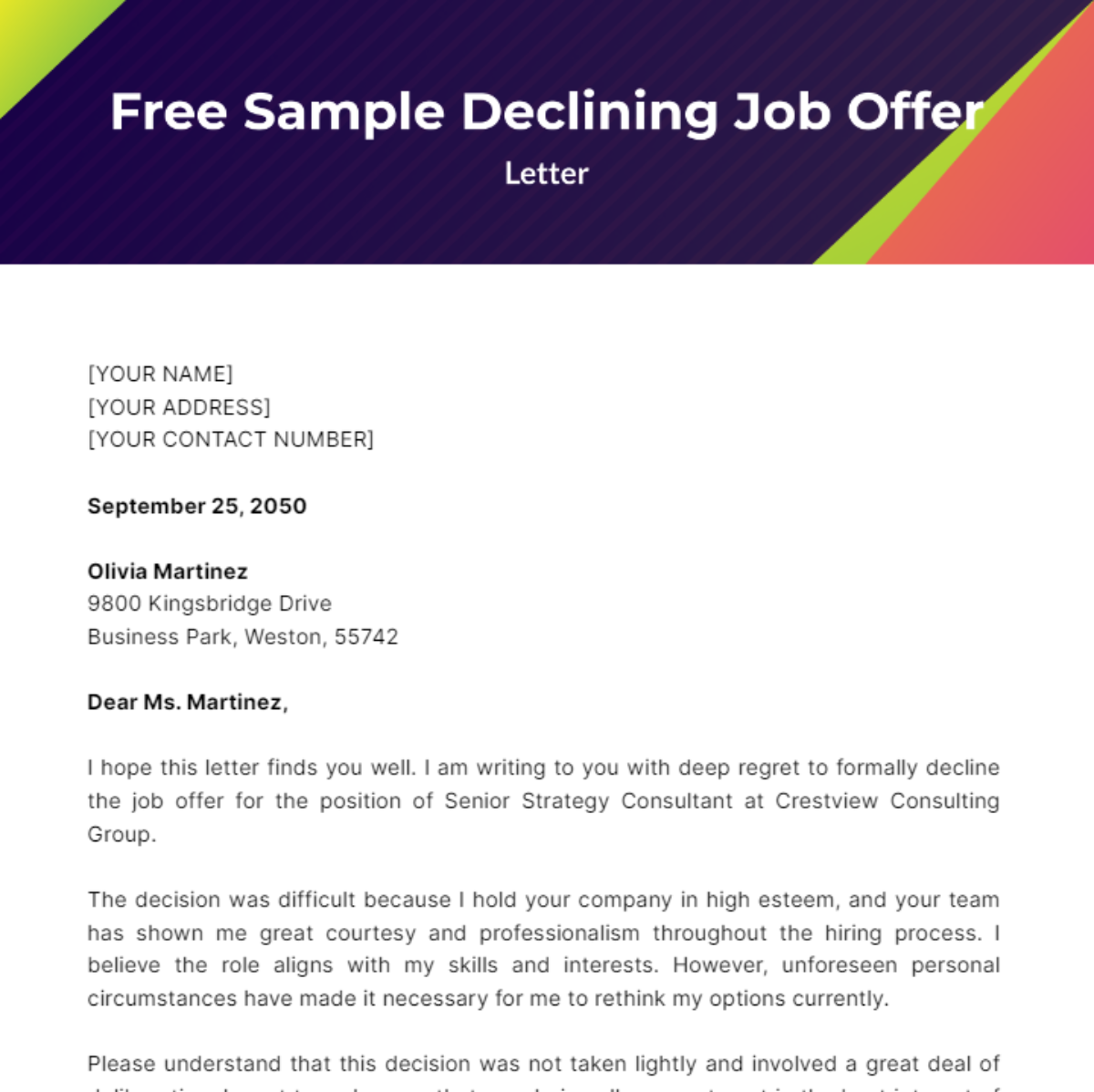 Sample Declining Job Offer Letter Template