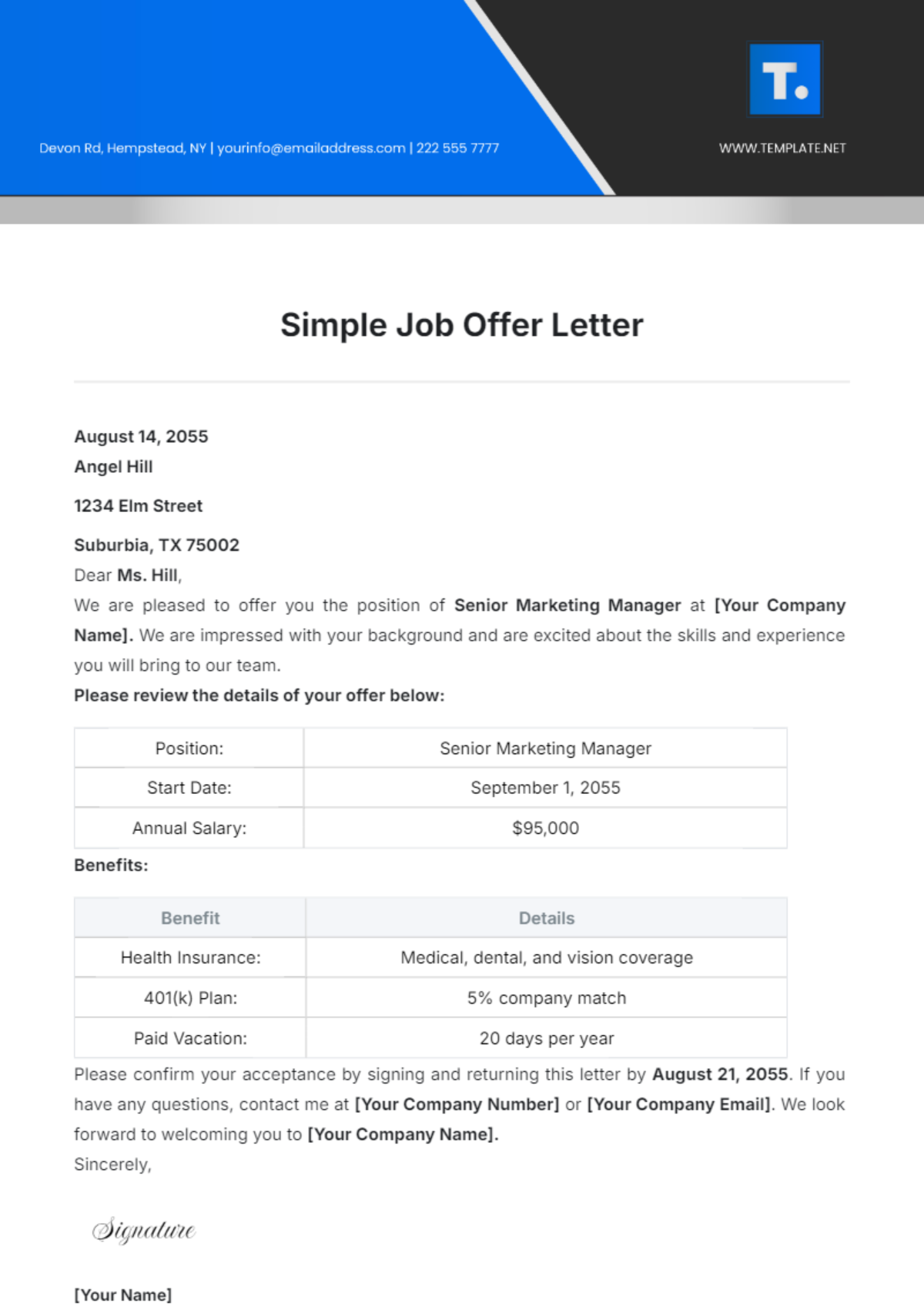 Simple Job Offer Letter Template - Edit Online & Download