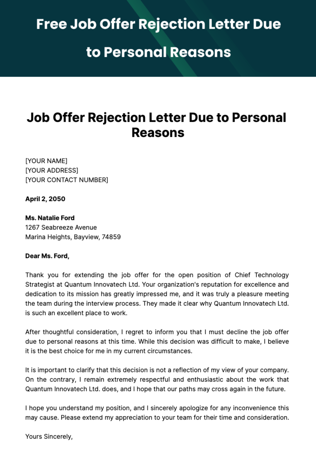 Free Job Offer Rejection Letter Due to Personal Reasons Template
