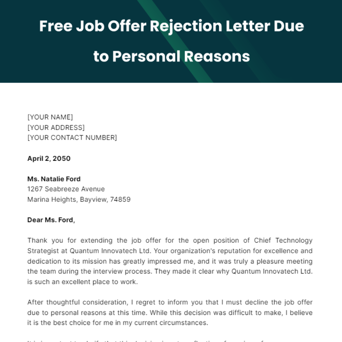 Job Offer Rejection Letter Due to Personal Reasons Template