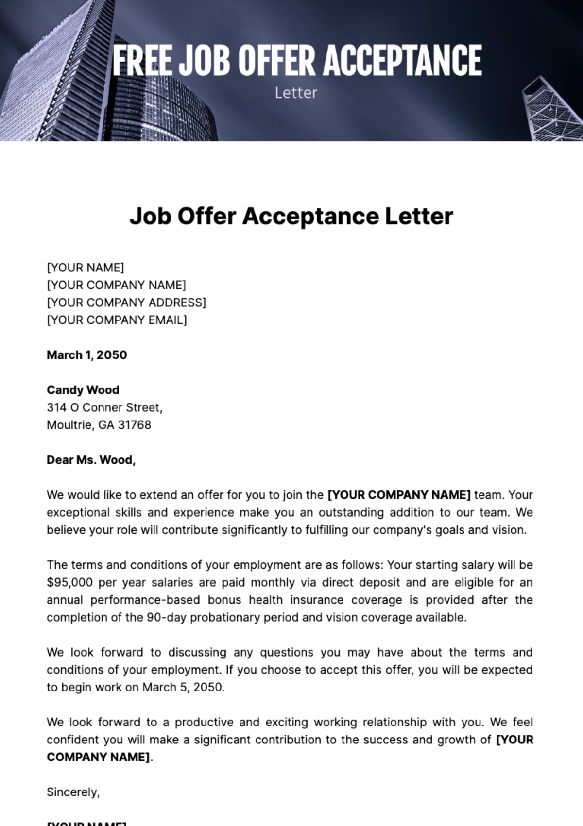 Free Job Offer Acceptance Letter Template