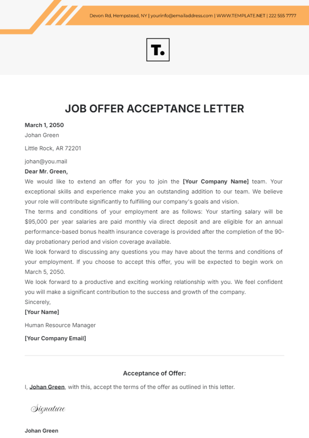 Job Offer Acceptance Letter Template - Edit Online & Download