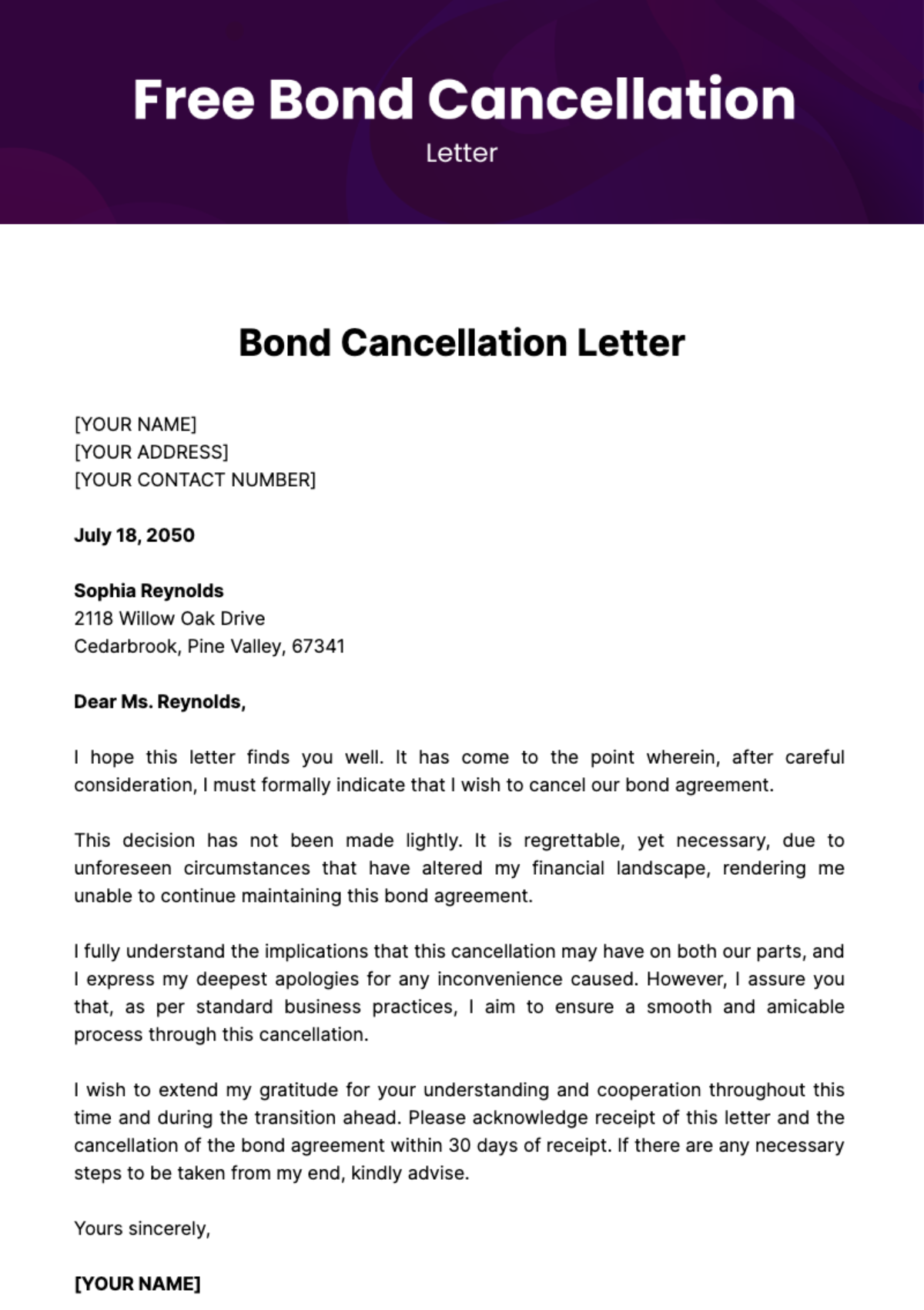 Free Bond Cancellation Letter Template