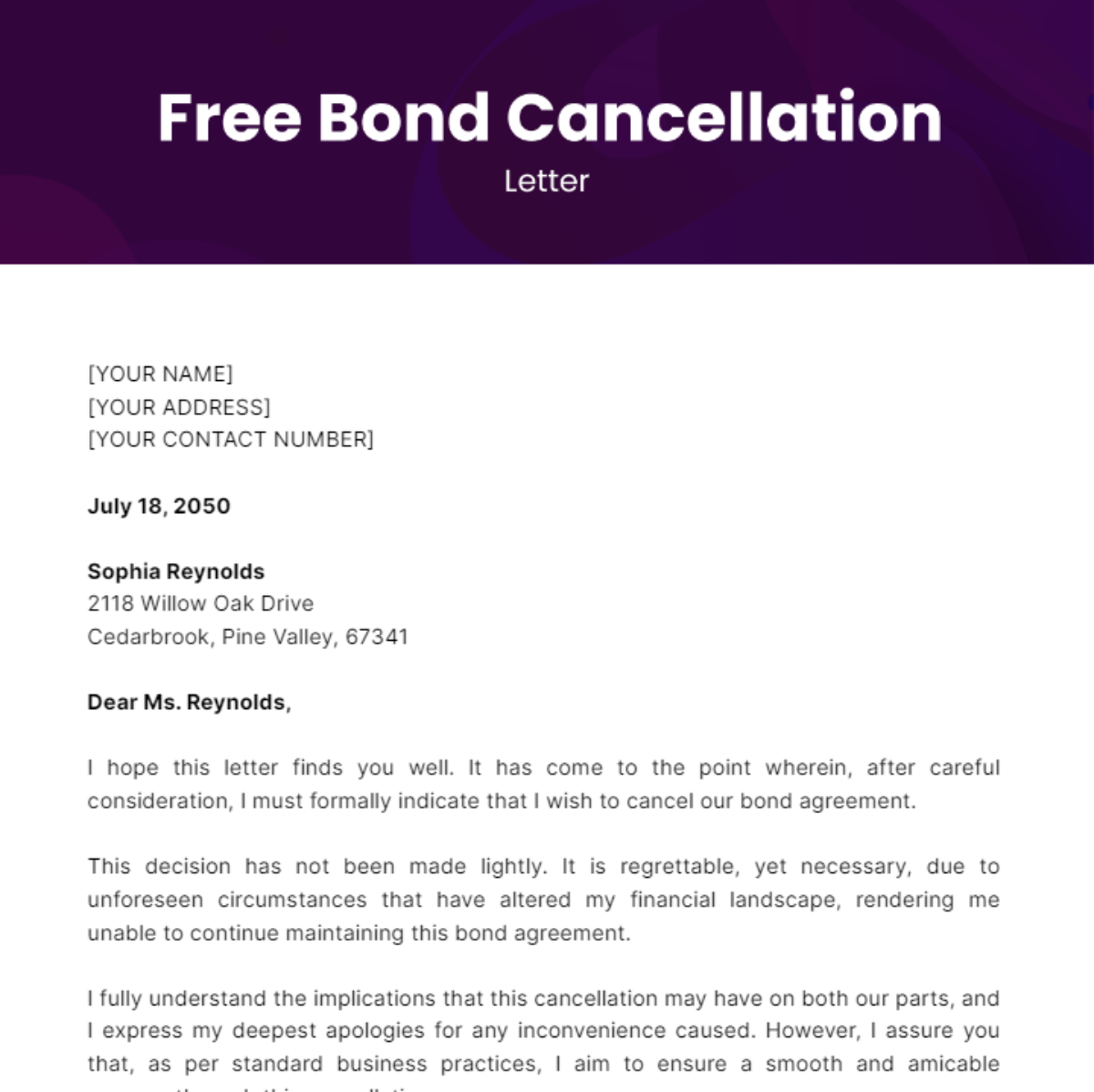 Bond Cancellation Letter Template