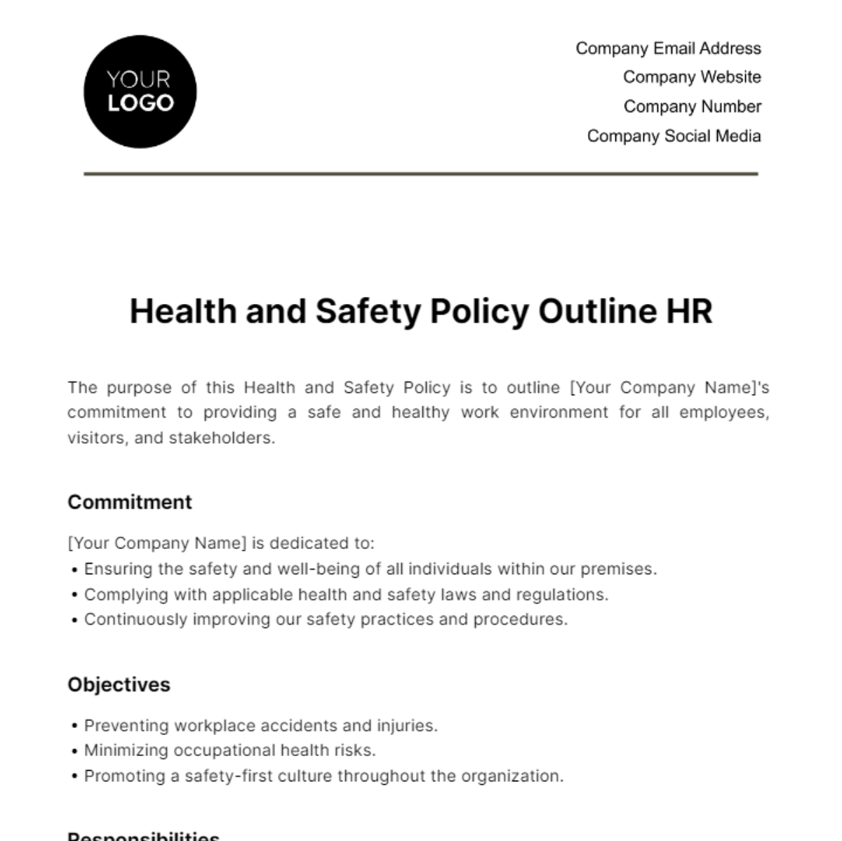 Health and Safety Policy Outline HR Template - Edit Online & Download