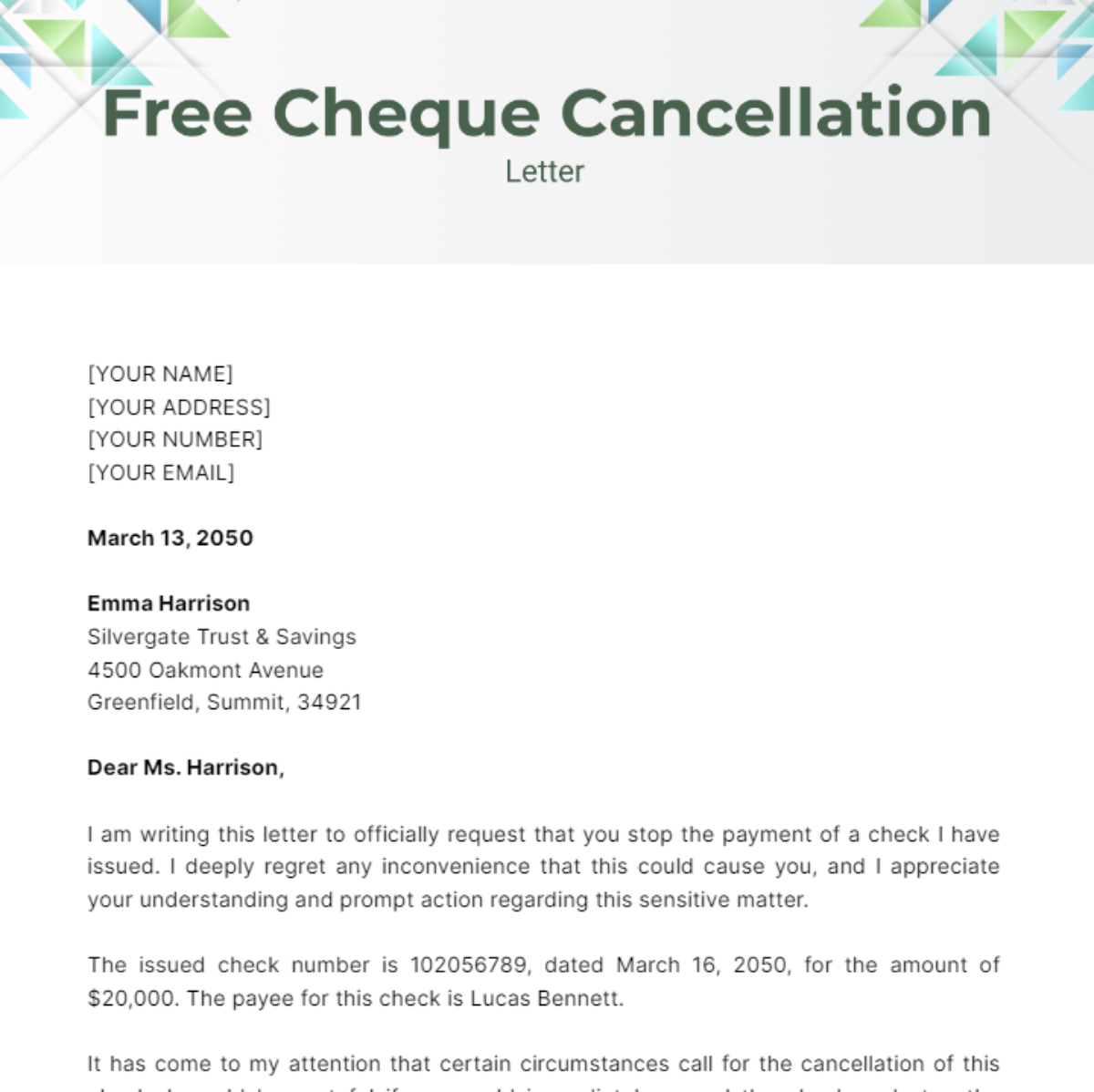 Cheque Cancellation Letter Template