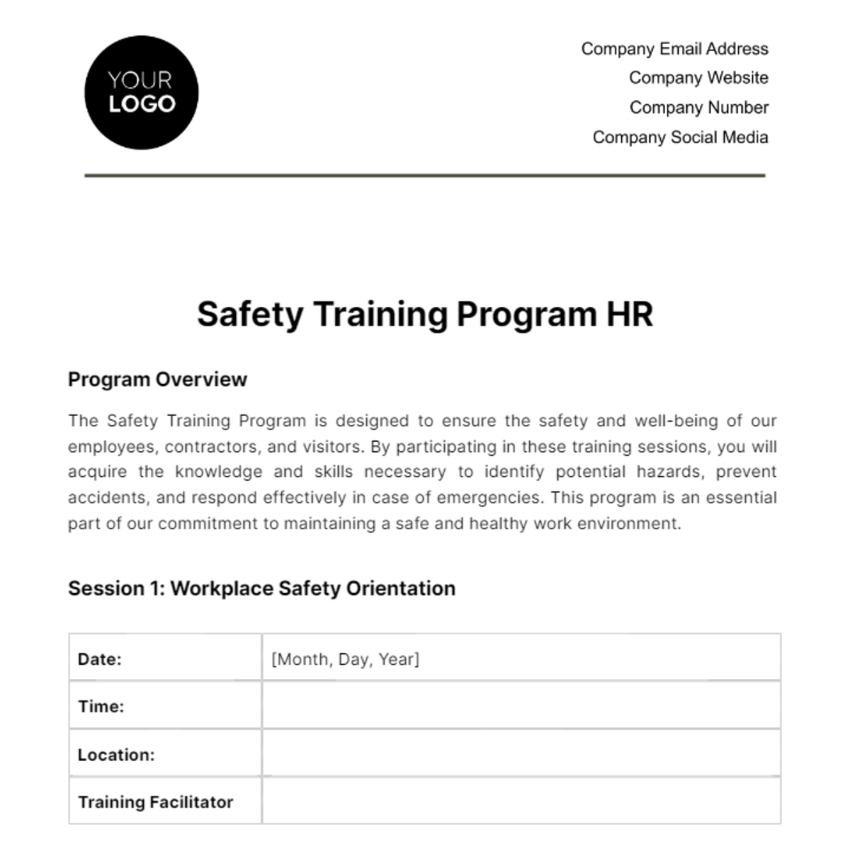 Free Safety Training Program HR Template