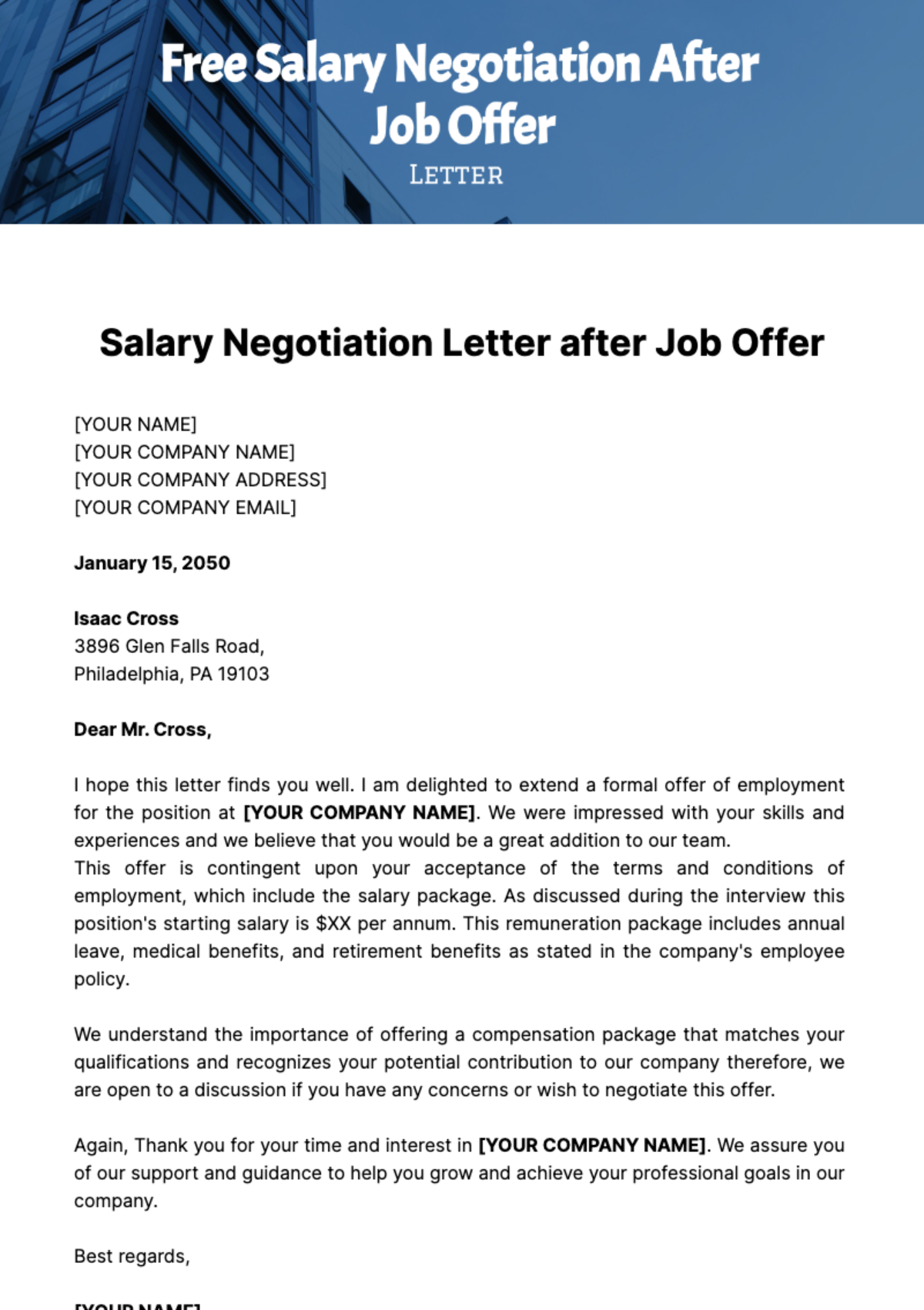 Free Salary Negotiation Letter after Job Offer Template