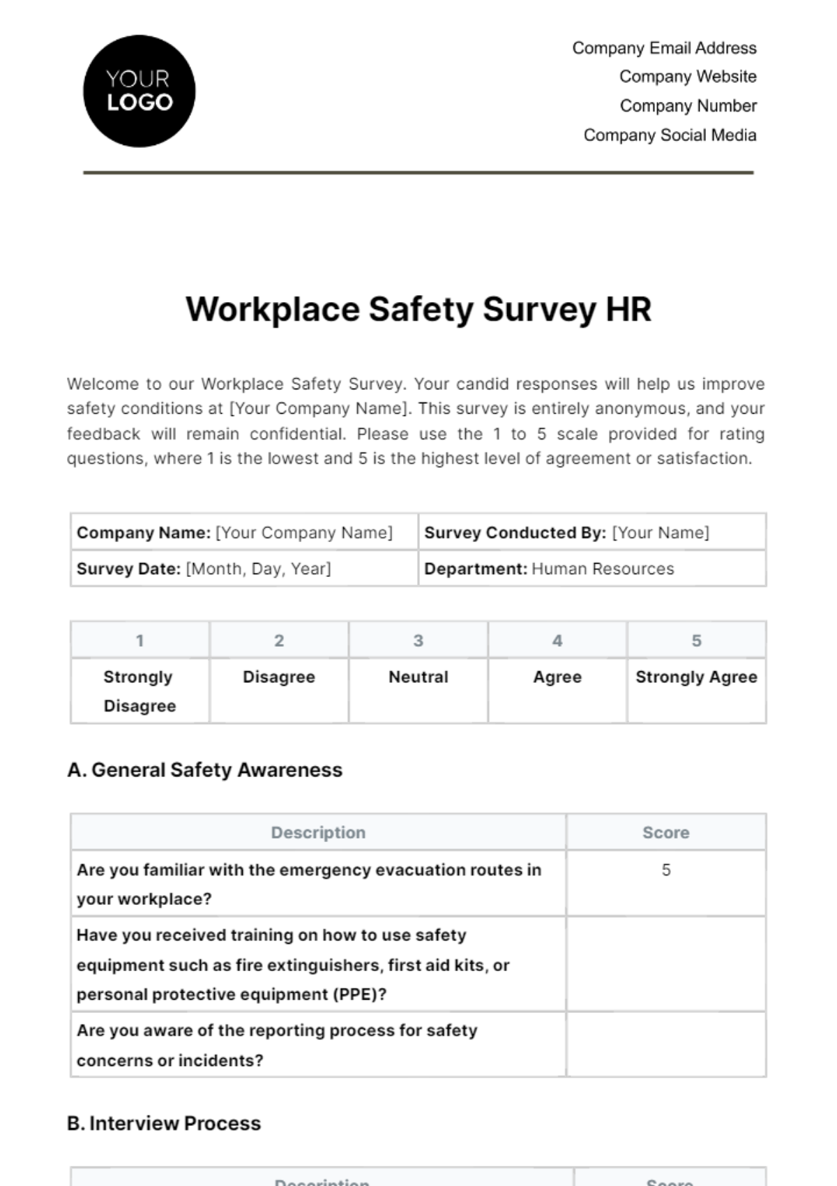 Free Workplace Safety Survey HR Template