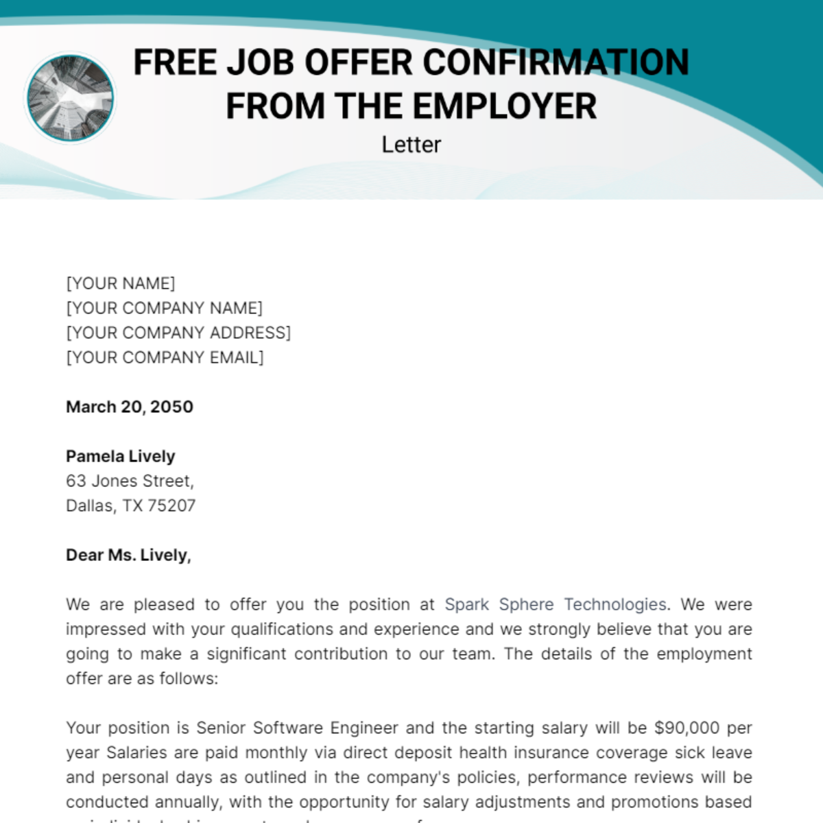 Job Offer Confirmation Letter from Employer Template