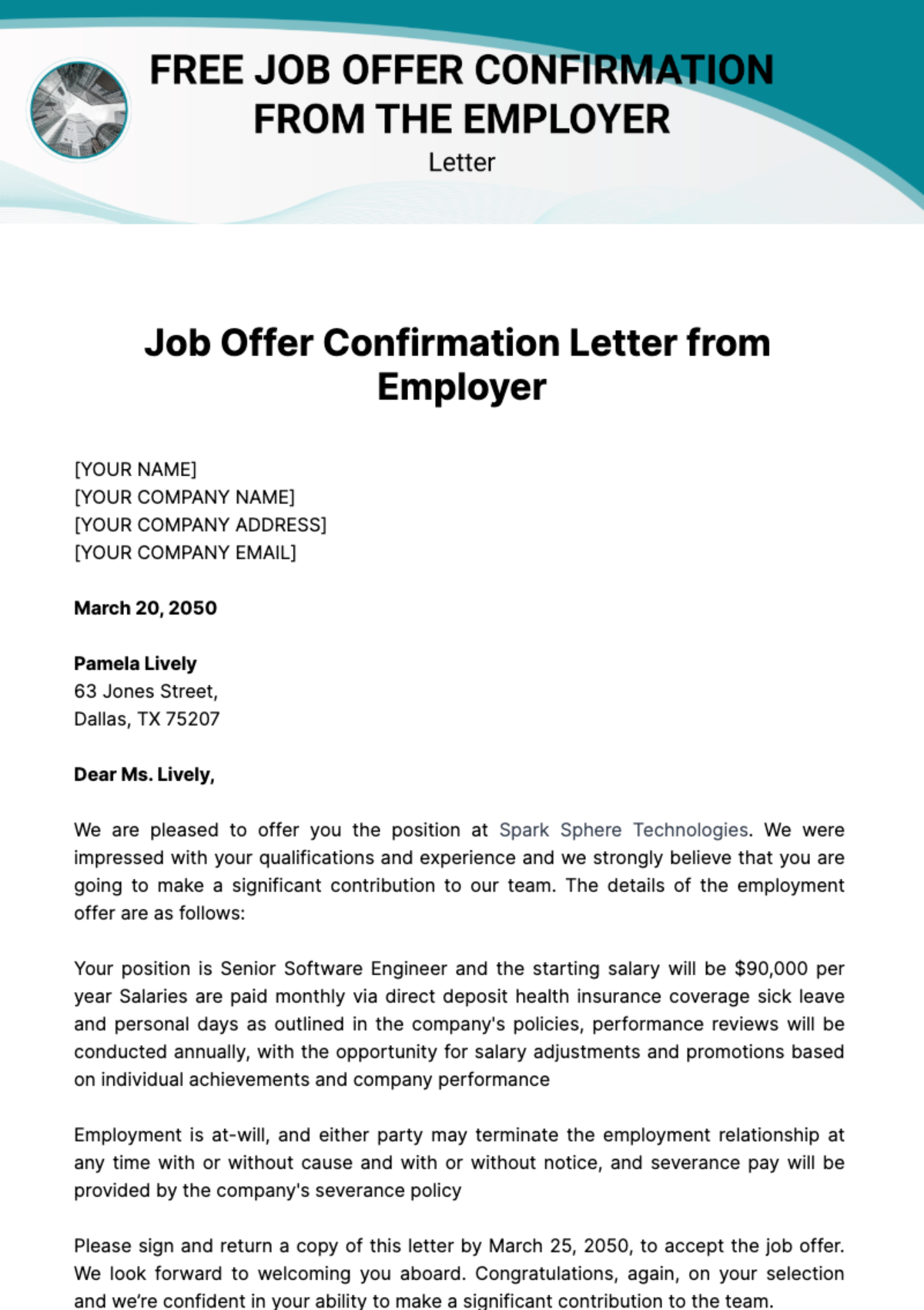 Free Job Offer Confirmation Letter from Employer Template