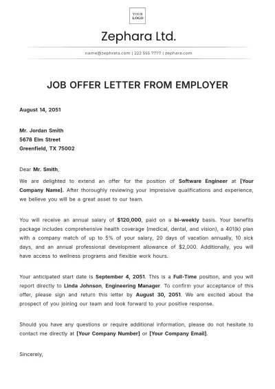 Free Job Offer Letter from Employer Template to Edit Online