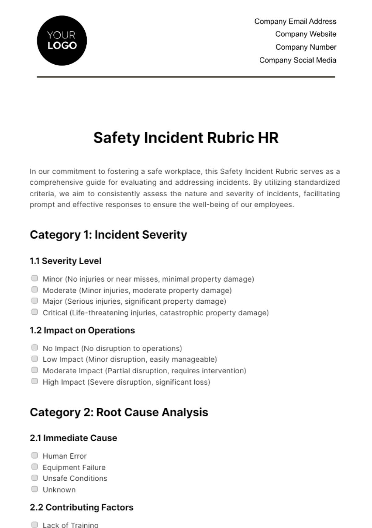 Free Safety Incident Rubric HR Template