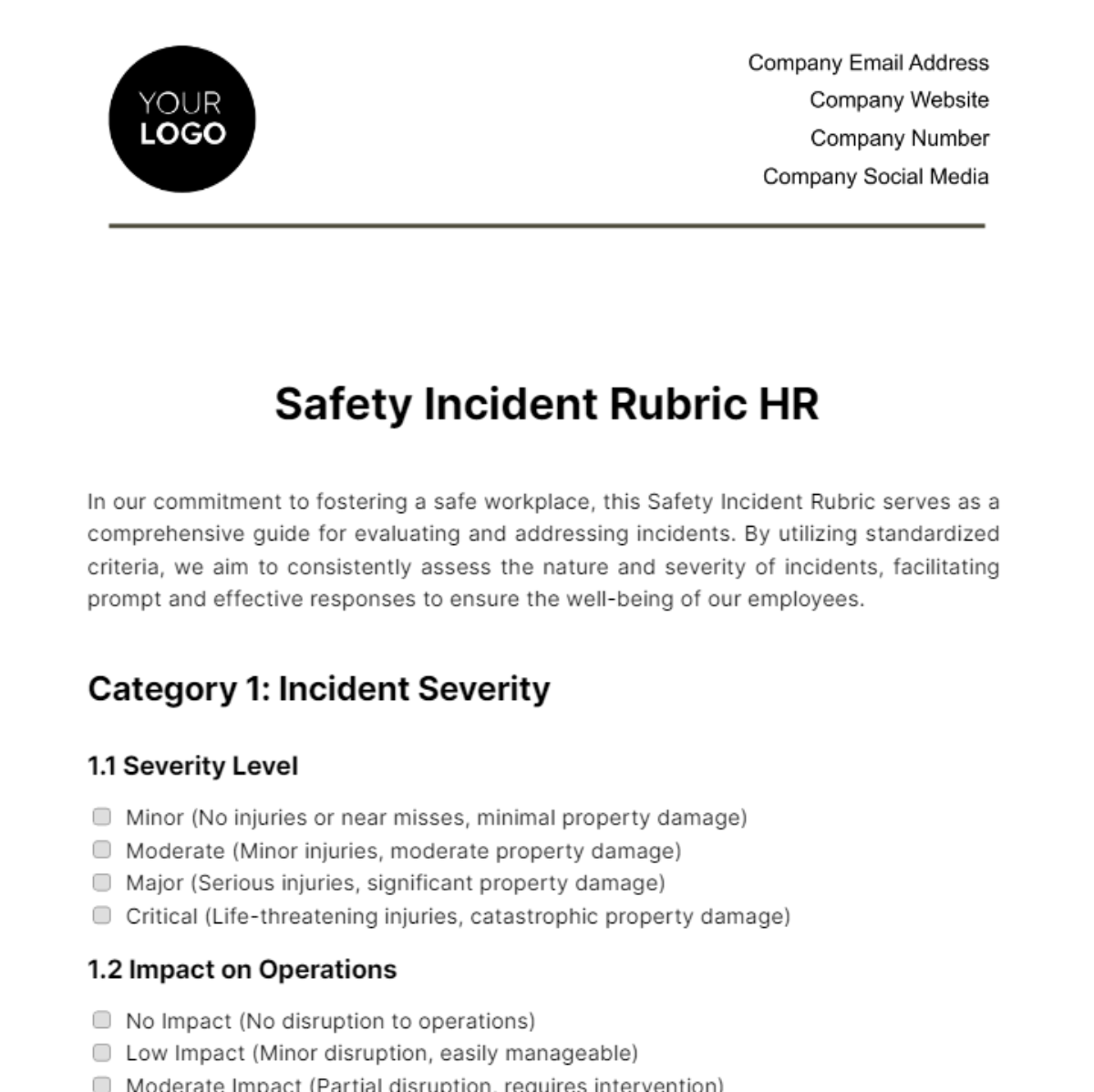 Safety Incident Rubric HR Template - Edit Online & Download