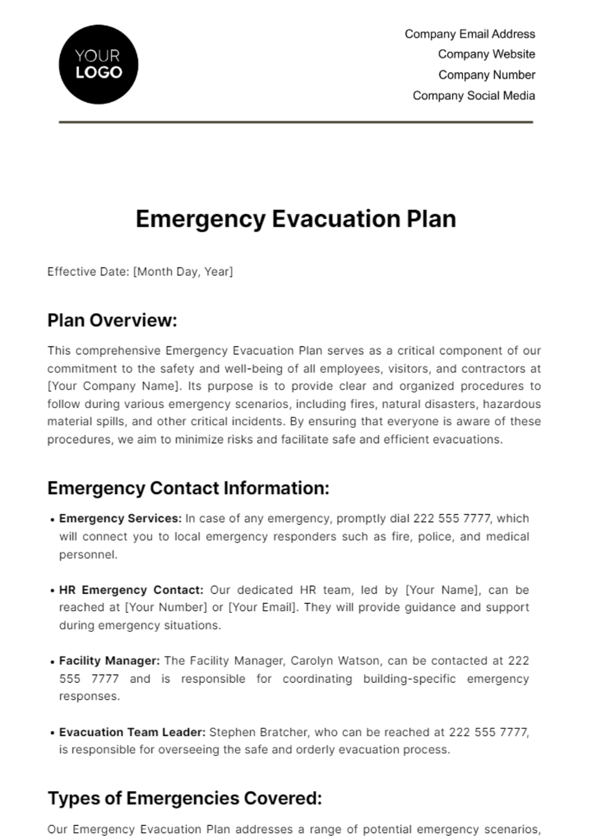 Emergency Evacuation Plan HR Template