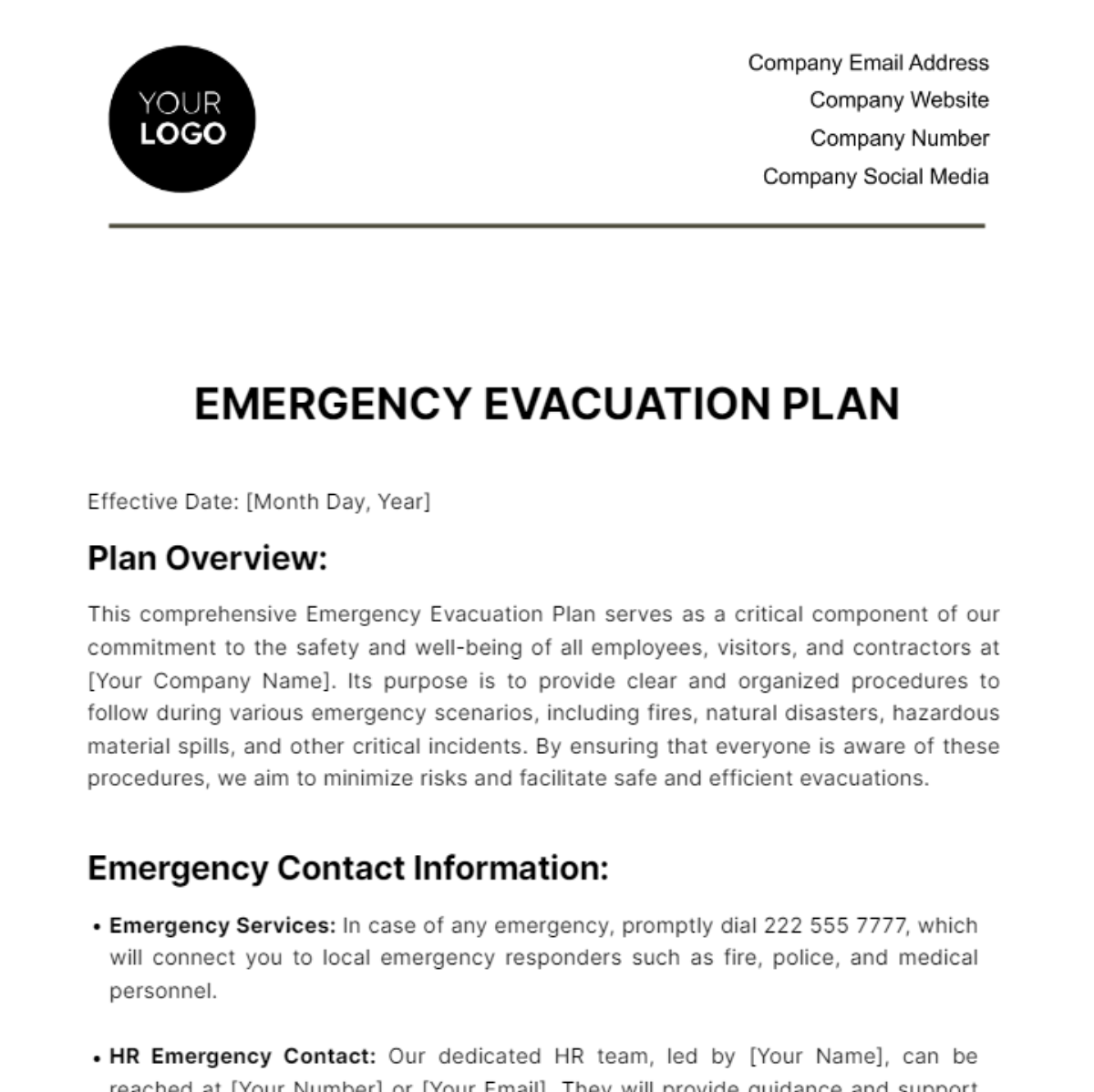 Emergency Evacuation Plan HR Template - Edit Online & Download