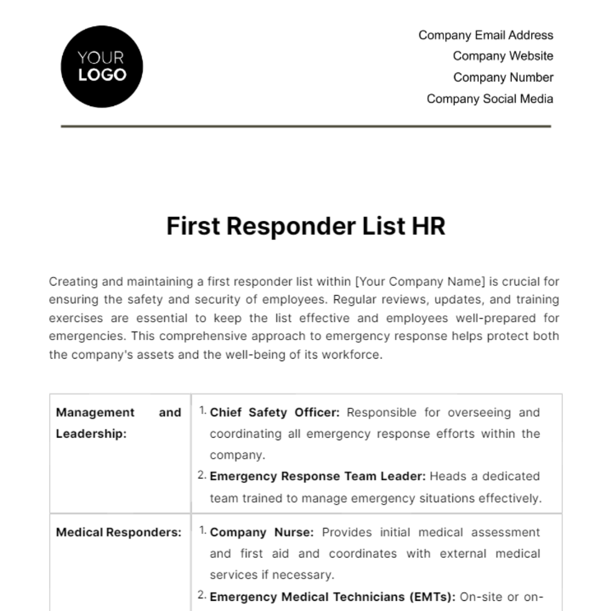 First Responder List HR Template