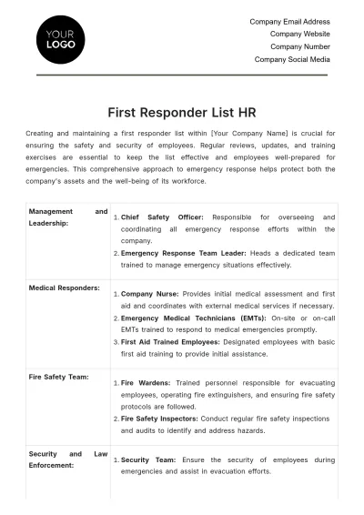 Free First Responder List HR Template to Edit Online