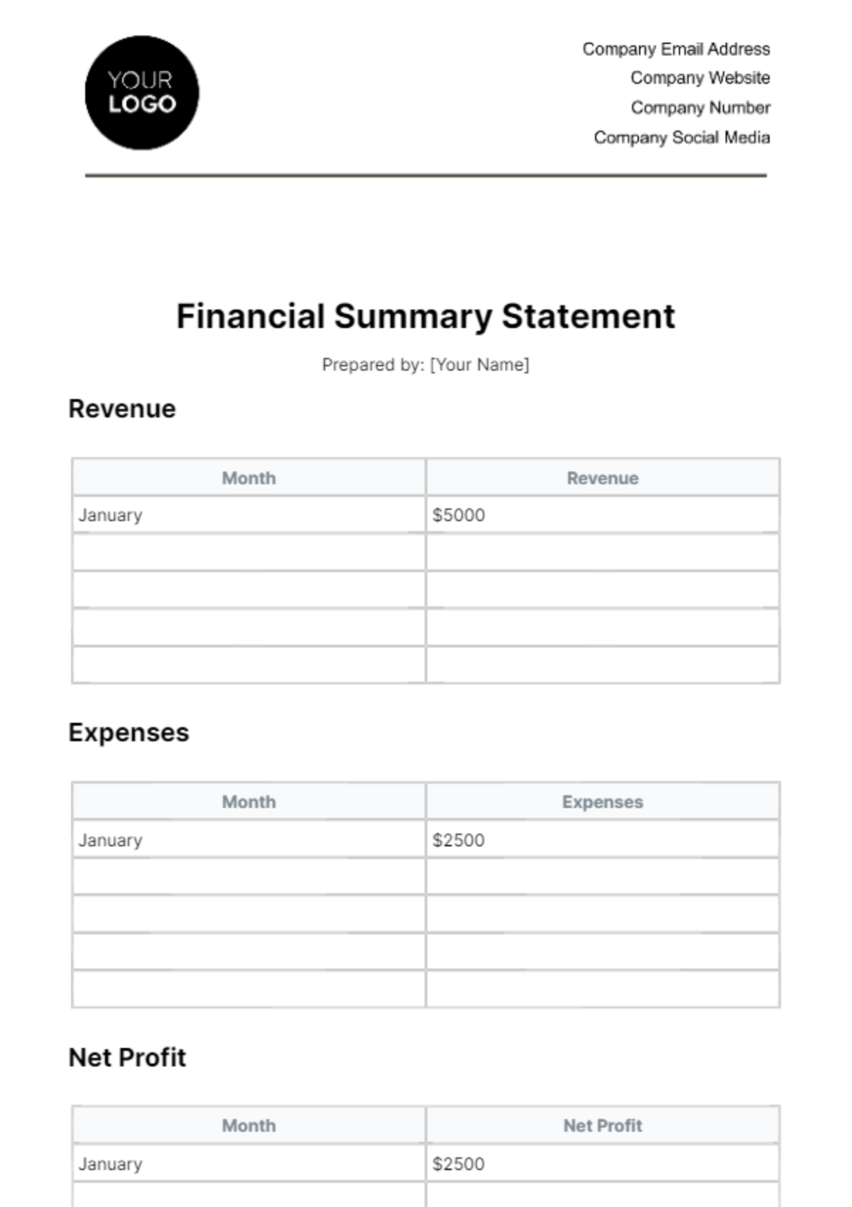 Free Financial Summary Statement Template