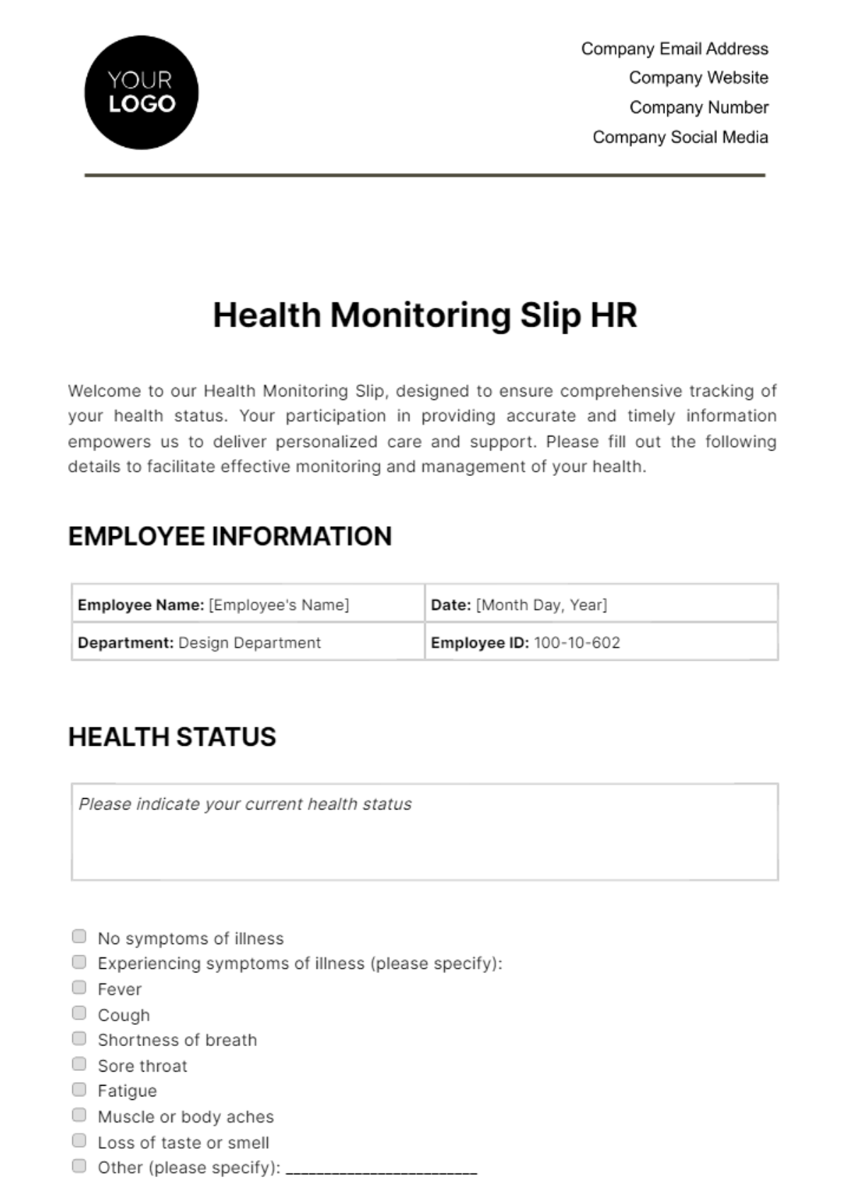 Free Health Monitoring Slip HR Template