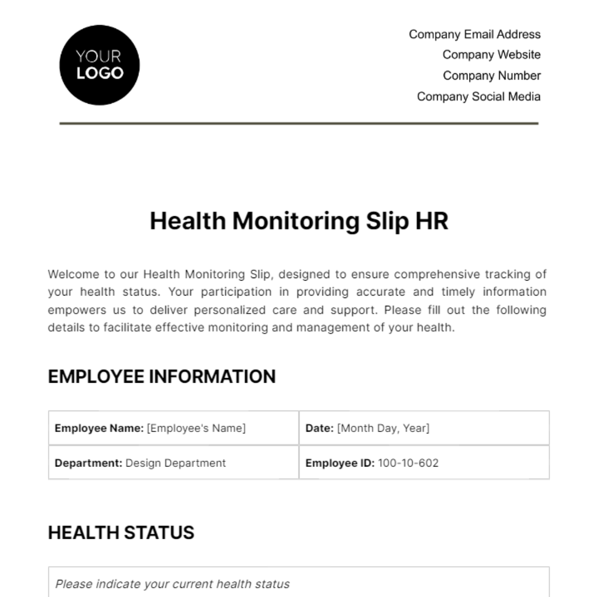 Health Monitoring Slip HR Template - Edit Online & Download