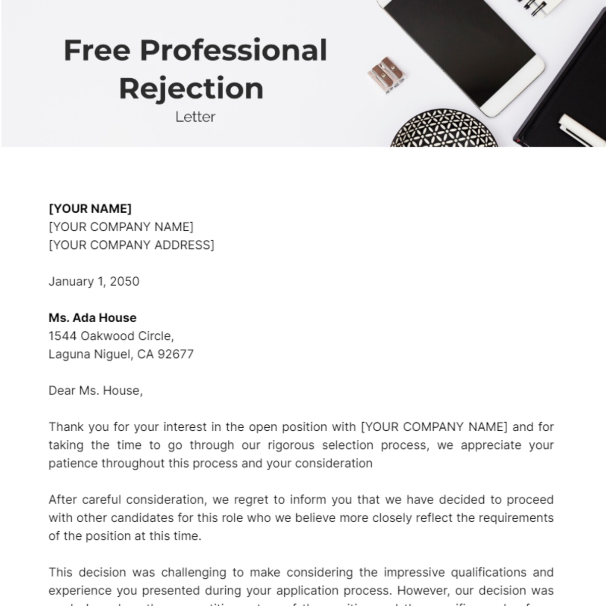 Professional Rejection Letter for Job Offer Template