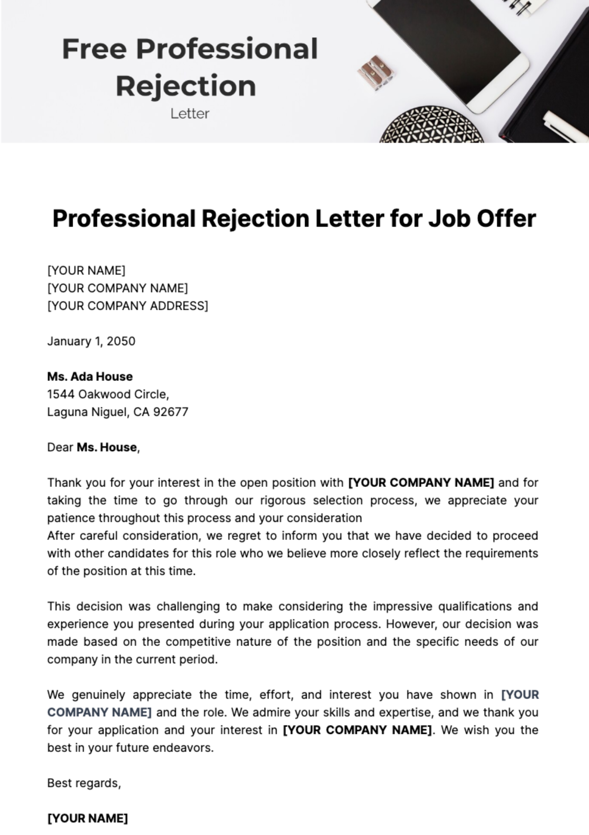 Free Professional Rejection Letter for Job Offer Template