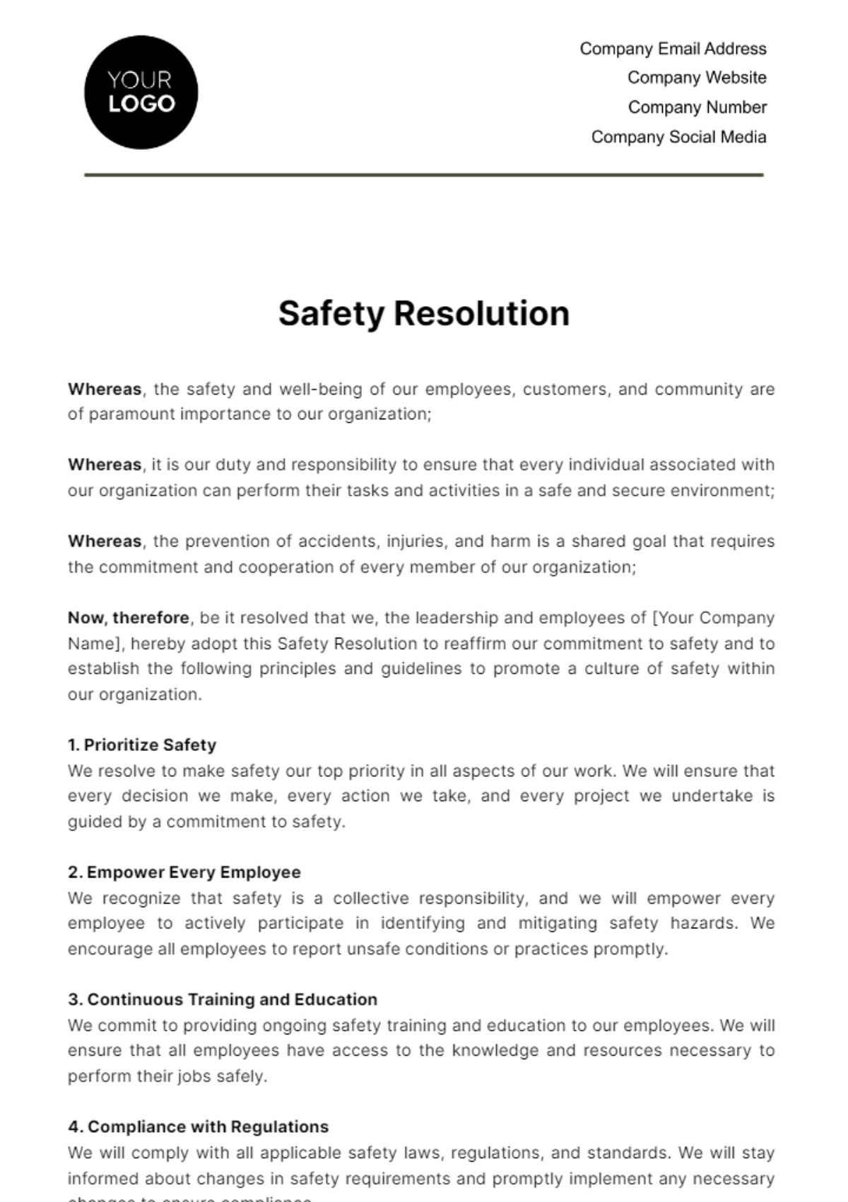 Free Safety Resolution HR Template
