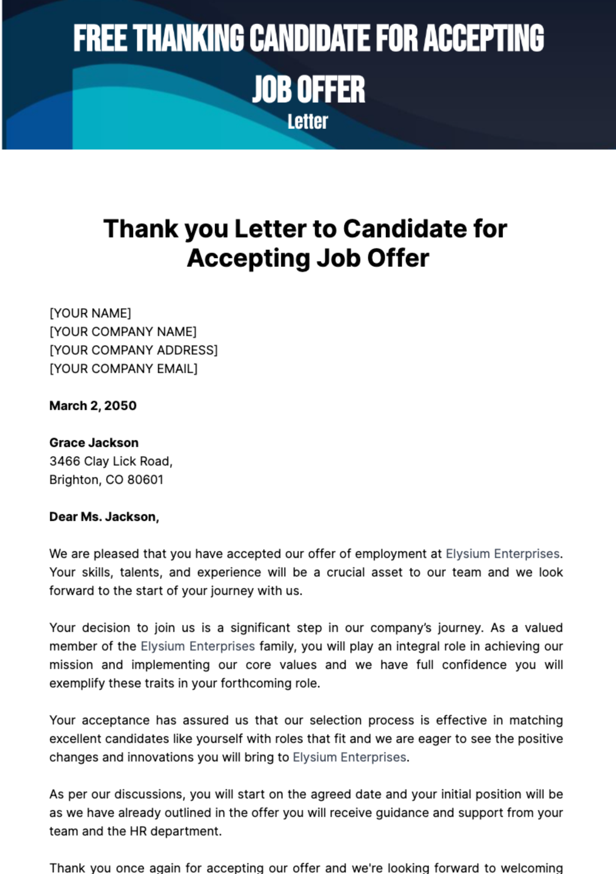 Free Thank you Letter to Candidate for Accepting Job Offer Template