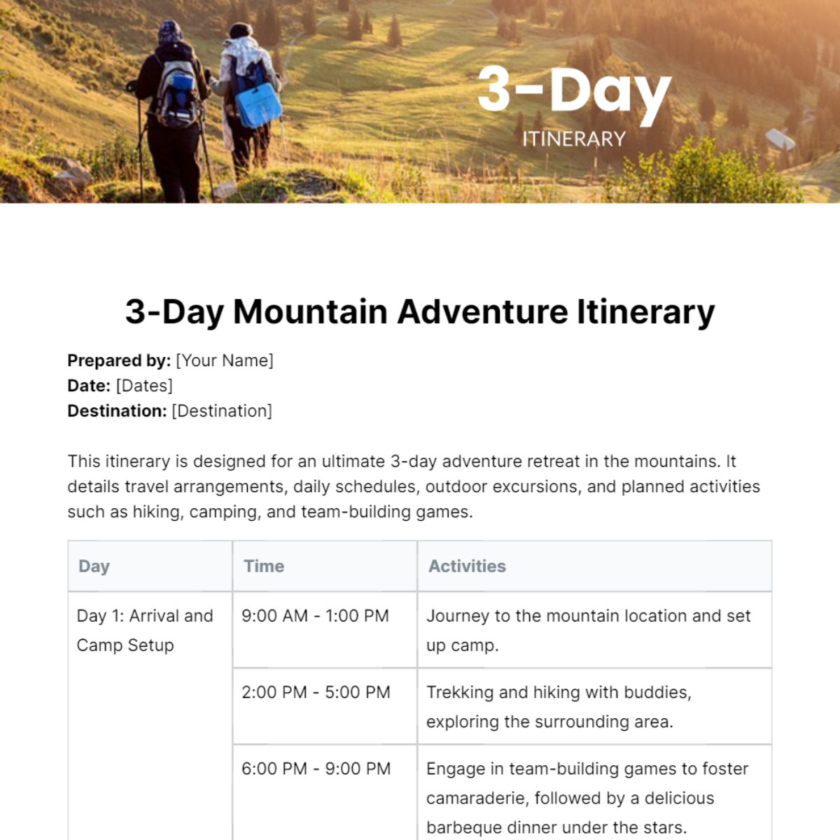 3 Day Itinerary Template