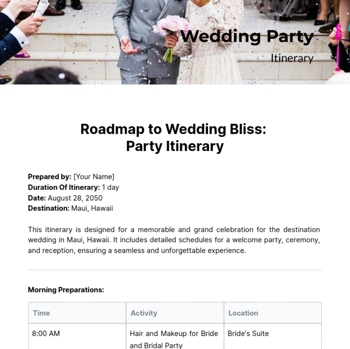 Wedding Party Itinerary Template 