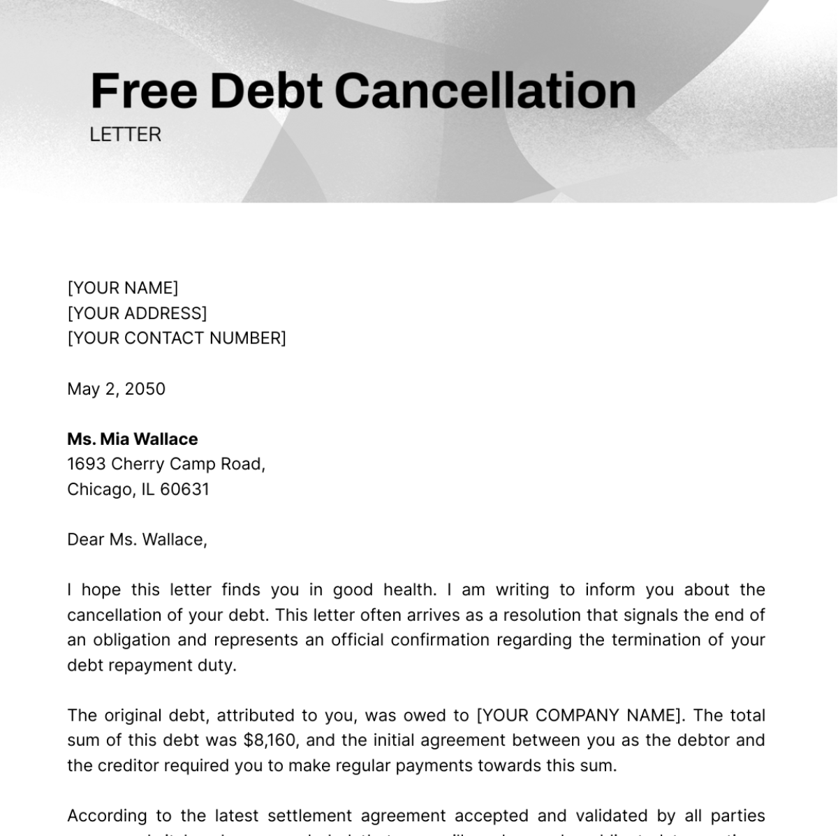 Debt Cancellation Letter Template