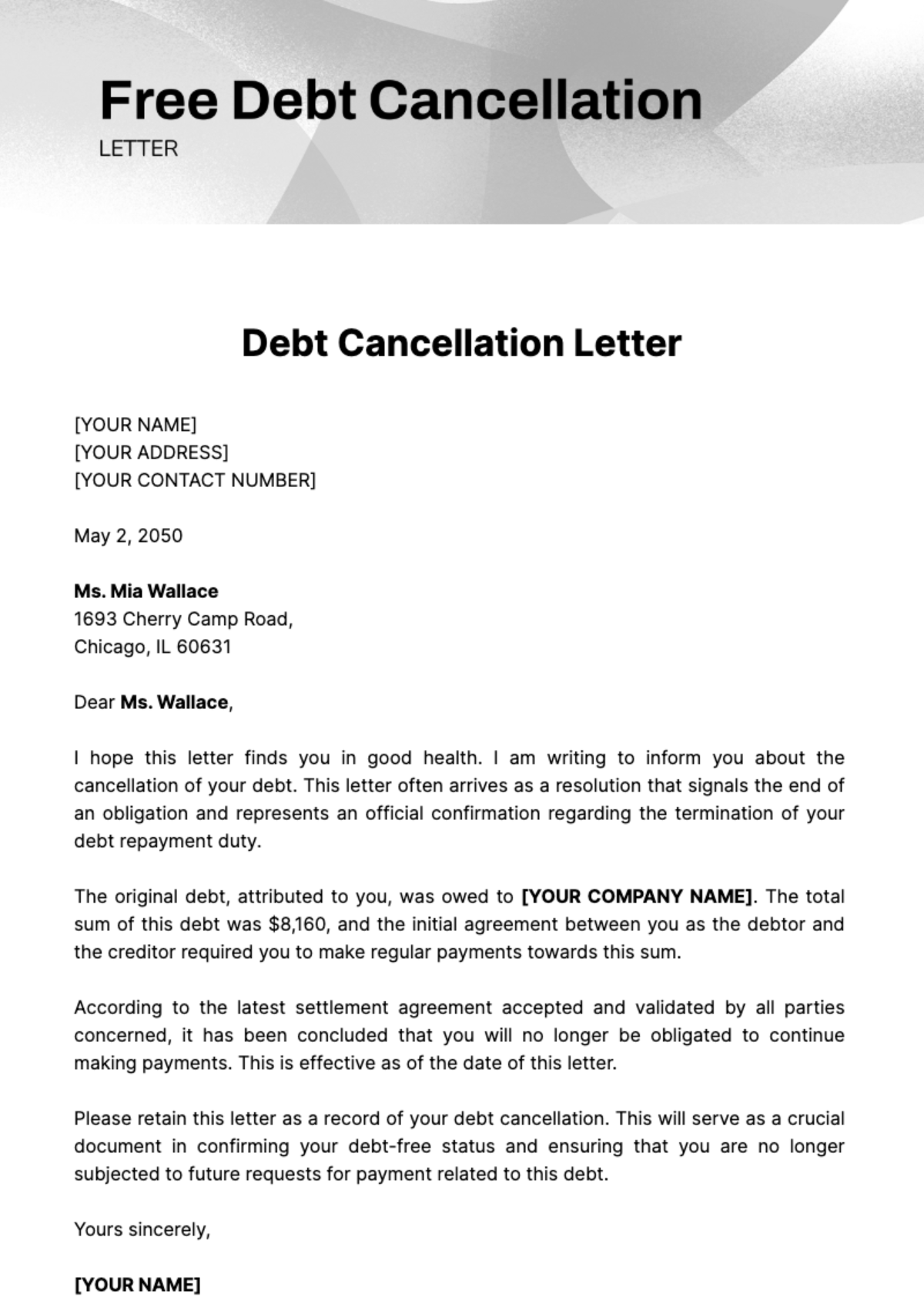 Free Debt Cancellation Letter Template